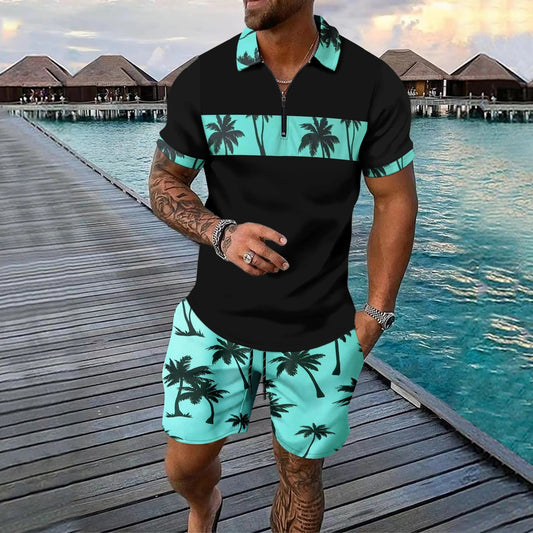 Herren Freizeitanzug – Tropical Muster – Zip-Poloshirt – Shorts mit Kordelzug