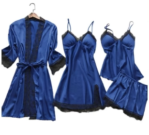 Damen Nachtwäsche Set – Satin Look – Spitze – Lockerer Schnitt – 4-teiliges Ensemble