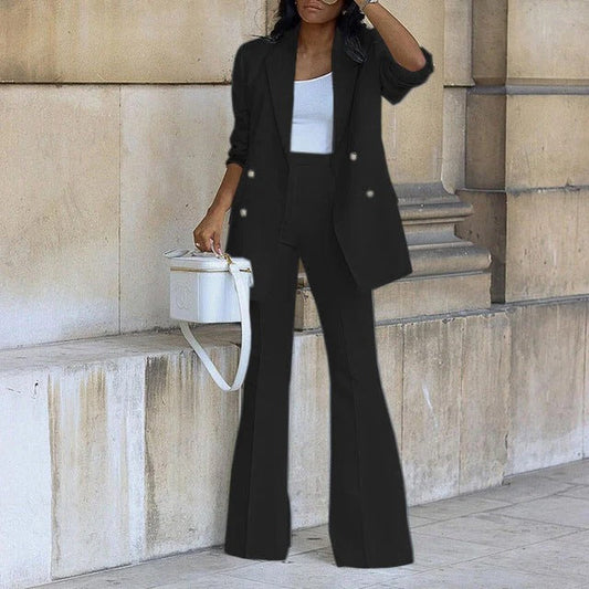 Damen Anzug Set – Taillierter Blazer Doppelreiher – High Waist Schlaghose