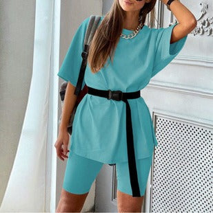 Damen Zweiteiler Set – Tunika mit Taillengürtel – Figurbetonte Radlerhose – Atmungsaktiv