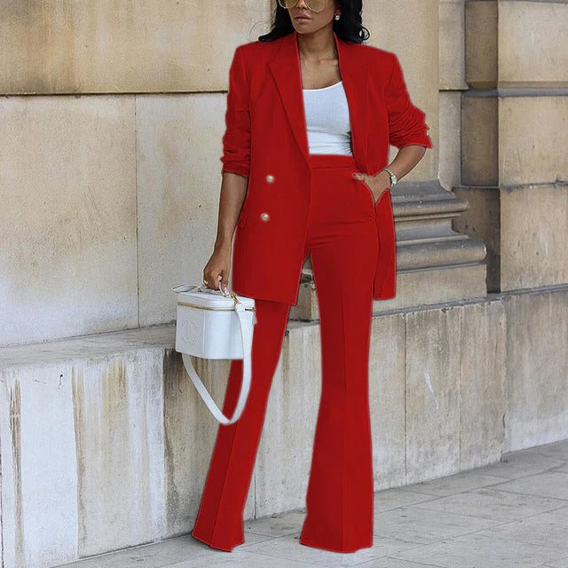 Damen Anzug Set – Taillierter Blazer Doppelreiher – High Waist Schlaghose