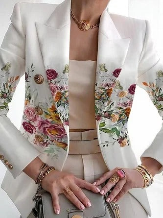 Damen Blazer – Florales Muster – Regular Fit – Schalkragen – Gürtelverschluss