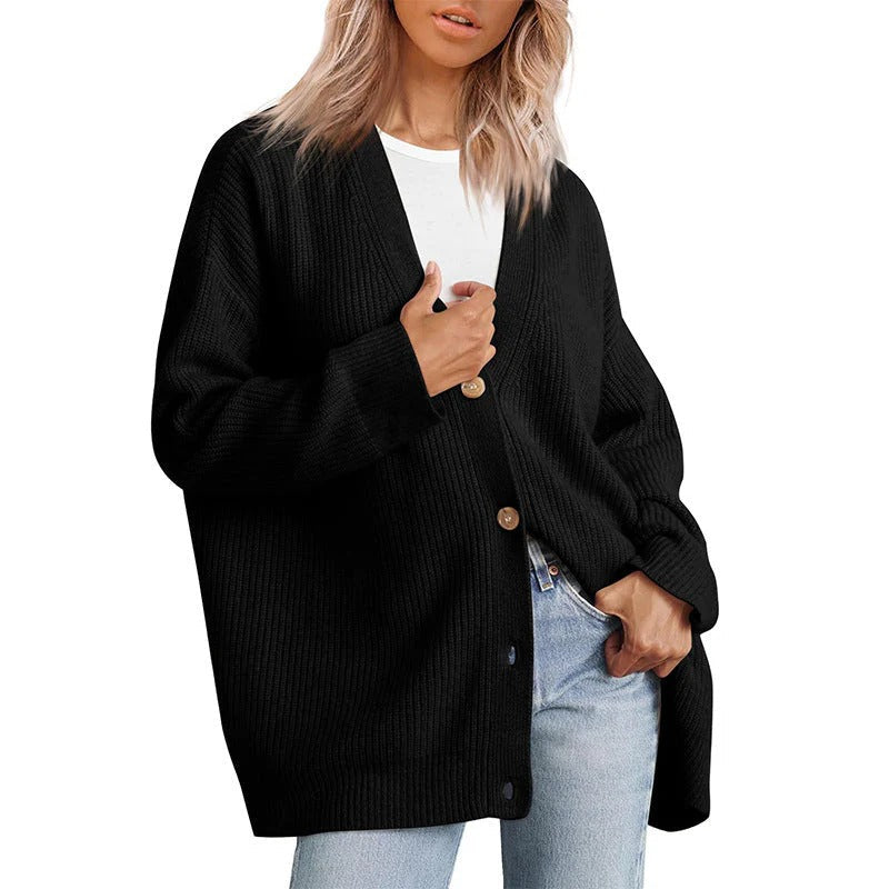 Damen Cardigan – Oversized Schnitt – Strick mit Rippen – V-Ausschnitt – Knopfleiste