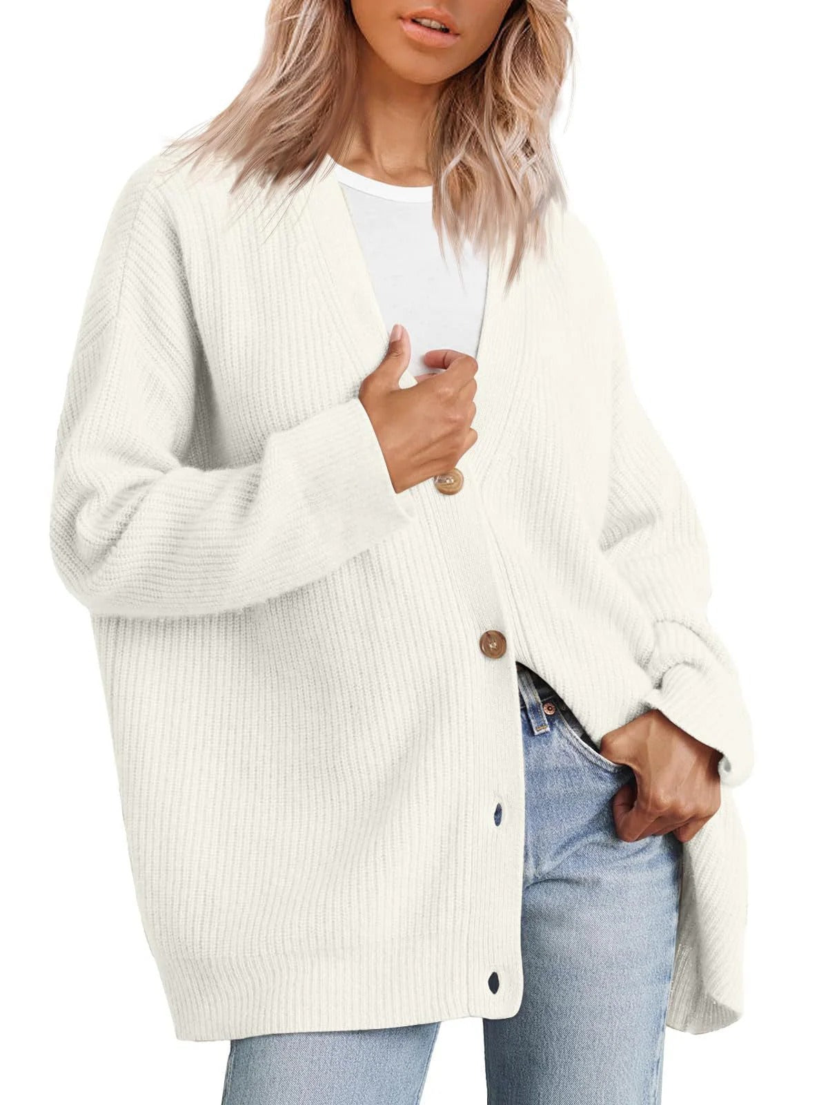 Damen Cardigan – Oversized Schnitt – Strick mit Rippen – V-Ausschnitt – Knopfleiste
