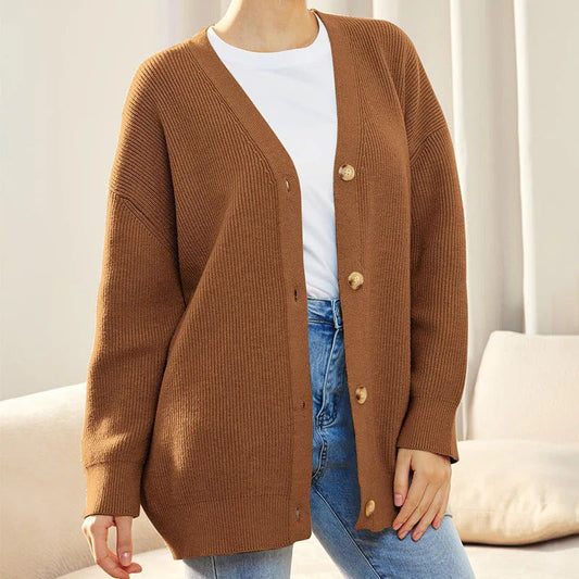 Damen Strickjacke – Oversize Passform – Gerippter Cotton-Mix – V-Ausschnitt – Knopfleiste