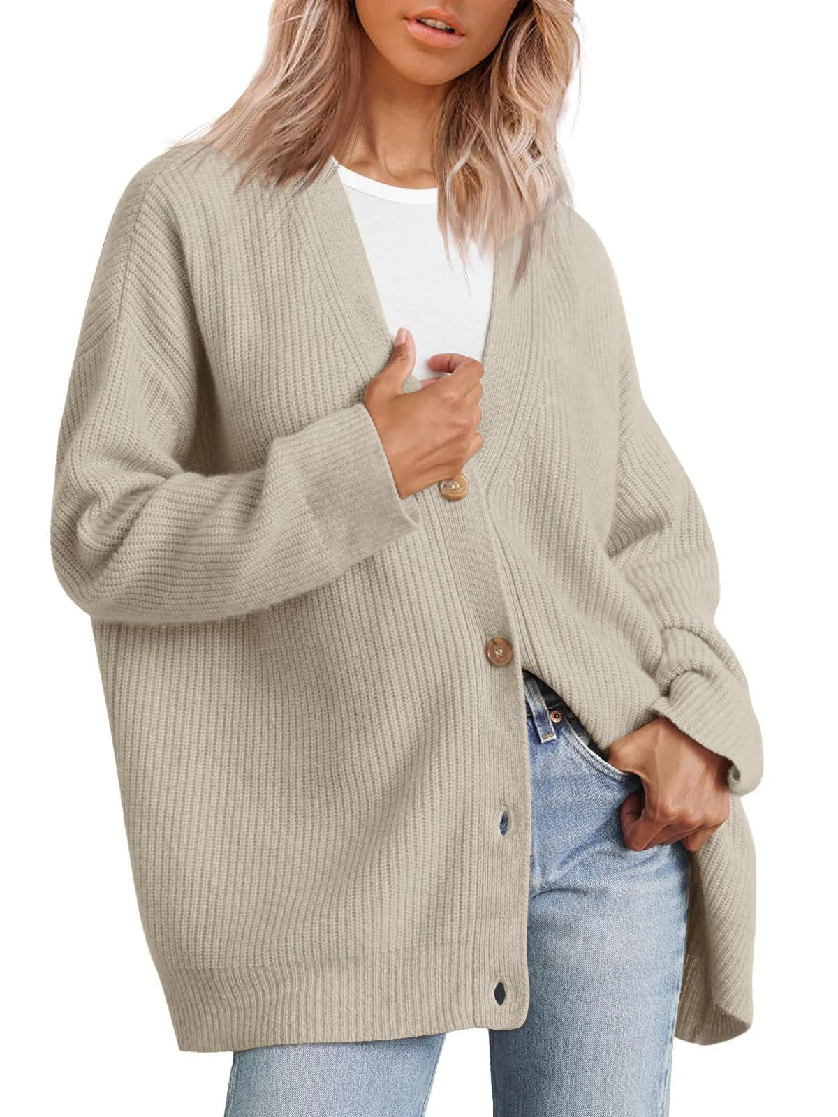 Damen Cardigan – Oversized Schnitt – Strick mit Rippen – V-Ausschnitt – Knopfleiste