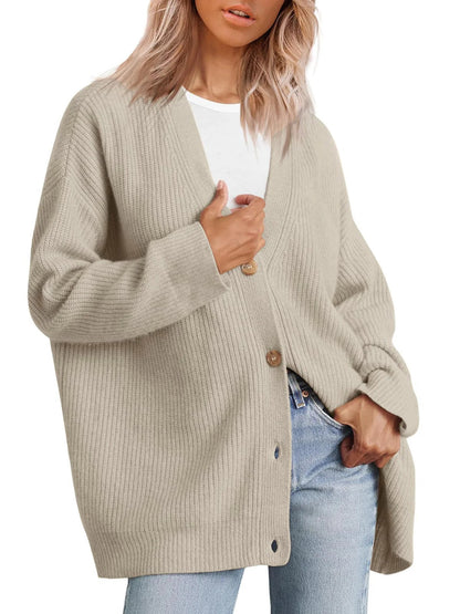 Damen Cardigan – Oversized Schnitt – Strick mit Rippen – V-Ausschnitt – Knopfleiste
