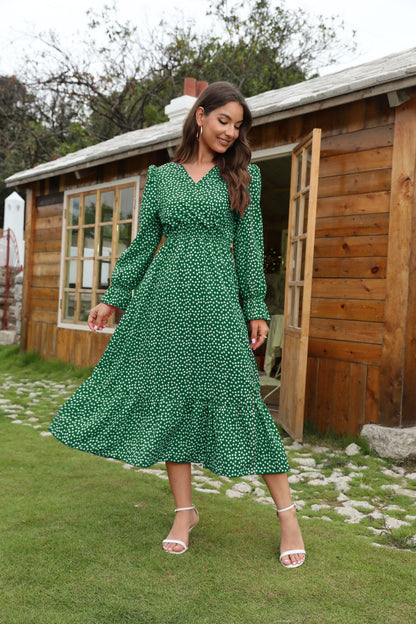 Damen Midikleid – V-Ausschnitt – Langarm – Tailliert – Baumwollstruktur – Polka Dots