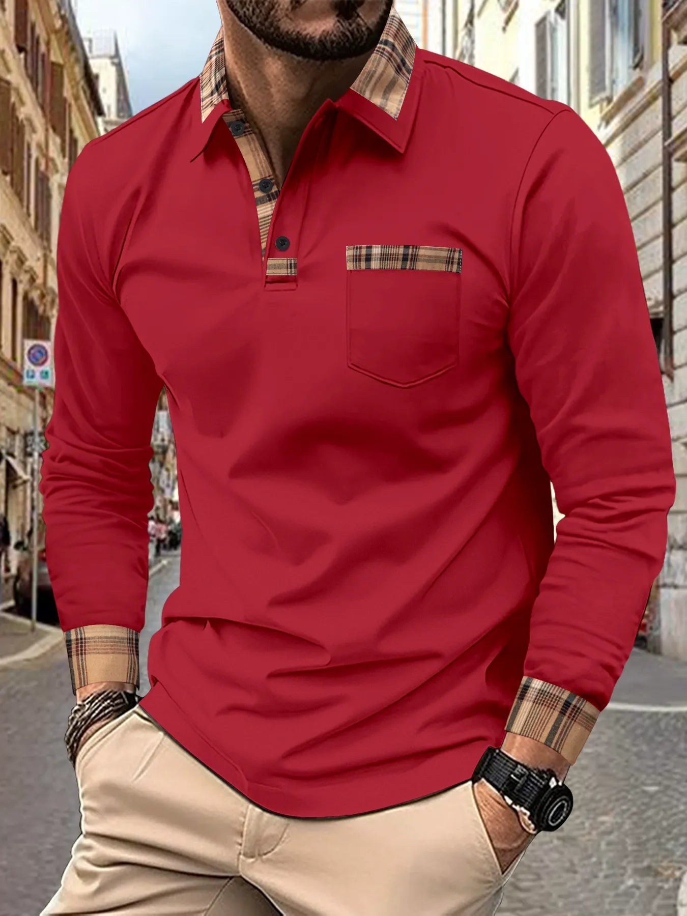 Herren Langarm Polo Shirt – Regular Fit – Baumwollmischung – Karobesatz mit Brusttasche