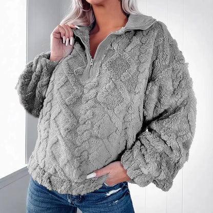 Damen Pullover Sweater – Kunstfell – Lockere Passform – Gesteppt – Halber Reißverschluss