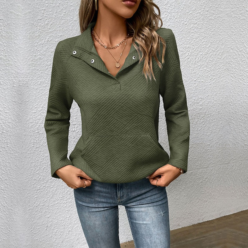 Damen Sweatshirt – Relaxed Fit – Gestepptes Muster – Stehkragen mit Knöpfen