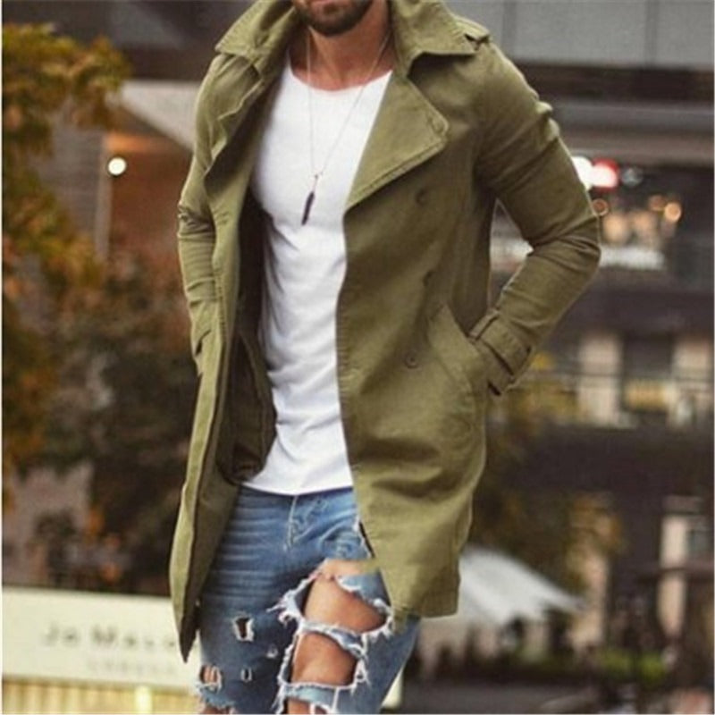 Herren Mantel – Slim Fit – Baumwollmix – Doppelreiher mit Revers – Mittellang