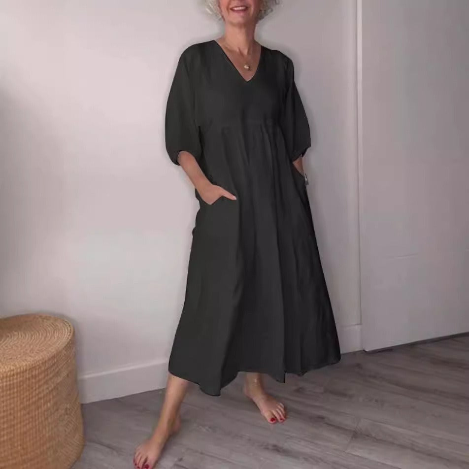 Damen Midikleid – Lockerer Schnitt – Baumwolle Leinen – V-Ausschnitt – Taschen – 3/4 Ärmel