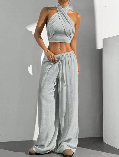 Damen Zweiteiler Set – Halterneck Wickel-Crop Top – Weite Hose – Atmungsaktive Baumwolle