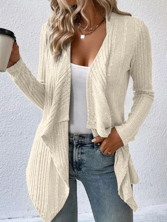 Damen Strickmantel – Wollmix – Lockerer Schnitt – Gerippt – Offene Front Drapiert