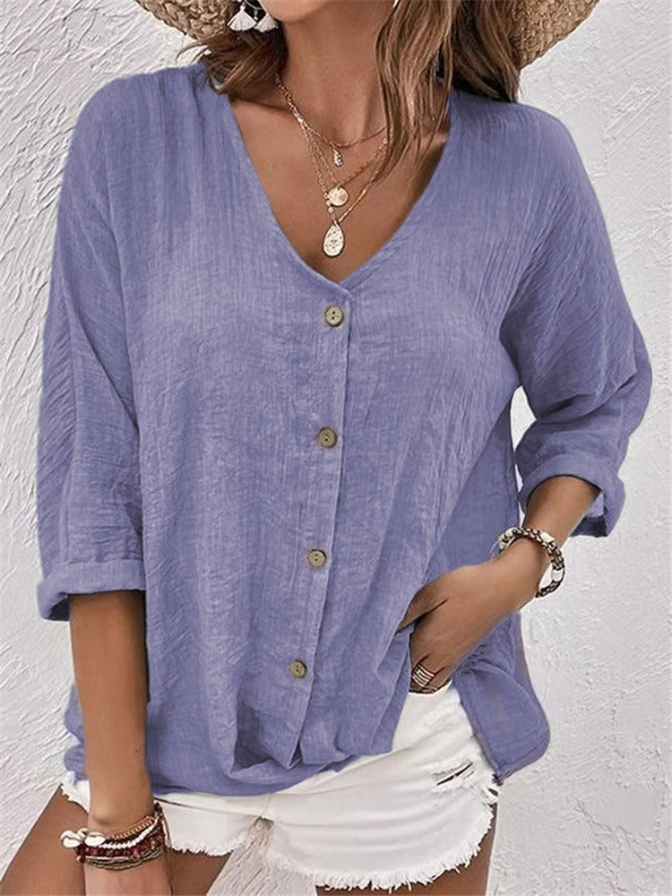 Damen Bluse – Lockere Passform – V-Ausschnitt – Kurzarm – Knopfleiste Baumwolle