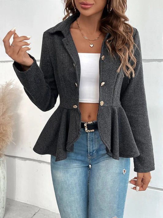 Damen Blazer – Slim Fit – Jacquard Struktur – Doppelreiher – Peplum Saum – Büro
