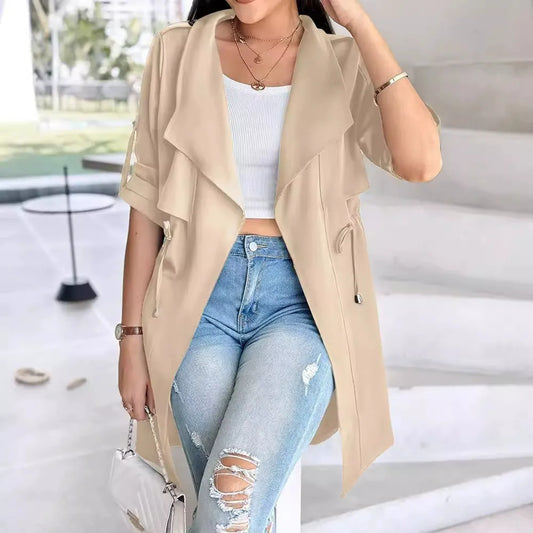 Damen Trenchcoat – Lockerer Schnitt – Kurze Ärmel – Taillenband – Knielang
