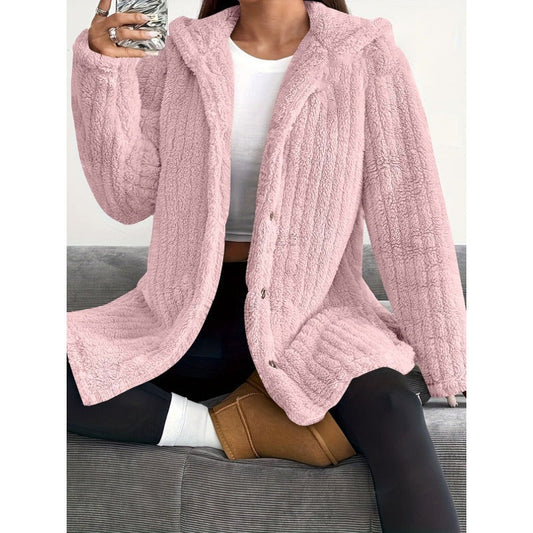 Damen Mantel – Oversized Fit – Plüschstoff – Gerippte Struktur – Mit Kapuze und Knöpfen