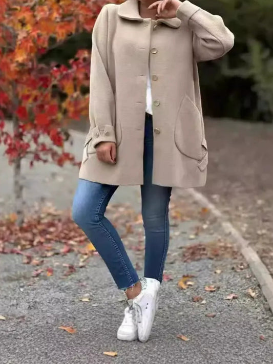 Damen Wollmantel – Oversize Passform – Knopfleiste – Mittellang – Reverskragen
