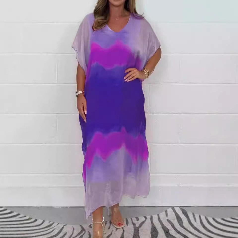 Damen Maxikleid – Chiffon – V-Ausschnitt – Ombre Look – Kurzarm – Lockerer Schnitt