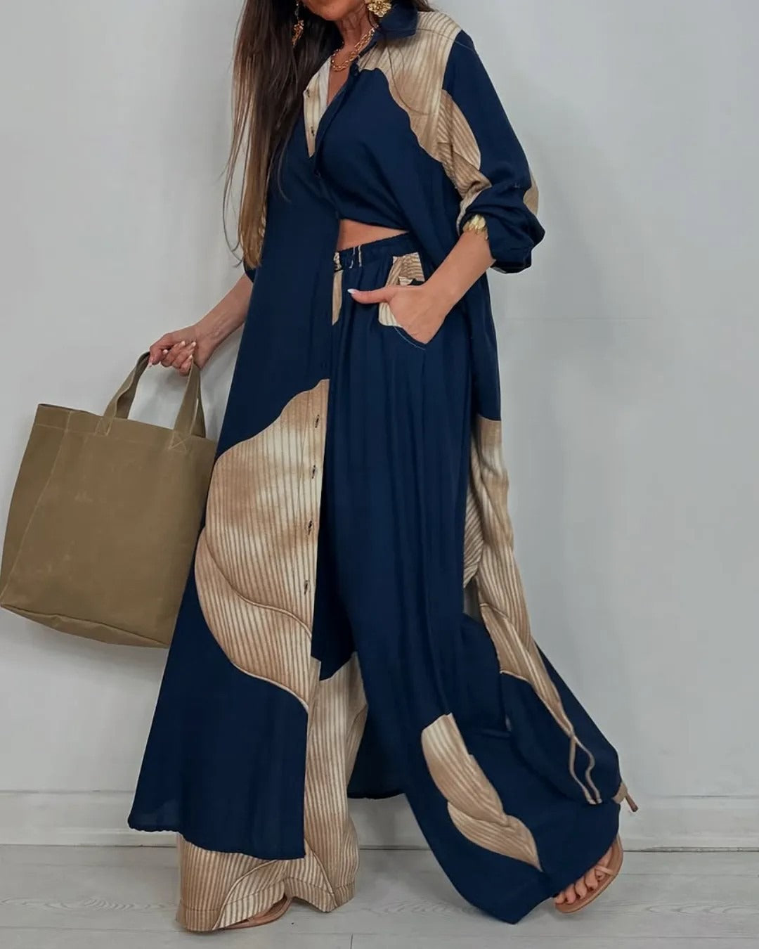 Damen Zweiteiler Set – Lockere Tunika mit Knopfleiste – Weite Hose – Atmungsaktiv