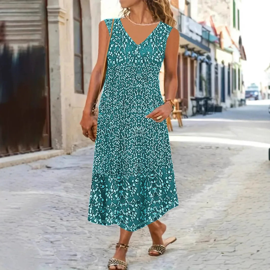 Damen Maxikleid – Lockerer Schnitt – V-Ausschnitt – Ärmellos – Blumenmuster – Leichtes Material