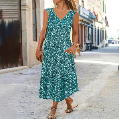 Damen Maxikleid – Lockerer Schnitt – V-Ausschnitt – Ärmellos – Blumenmuster – Leichtes Material
