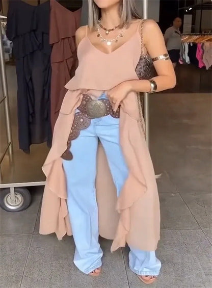 Damen Maxikleid – Fließender Schnitt – V-Ausschnitt – Rüschen – Asymmetrischer Saum