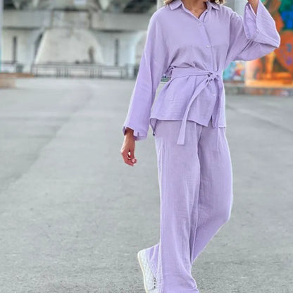 Damen Lounge Set – Atmungsaktive Gauze – Oversize Passform – Weite Hose – Langarm Hemd
