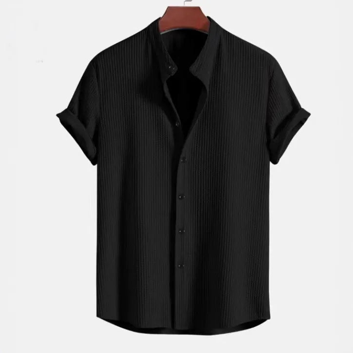 Herren Kurzarmhemd – Baumwolle Jacquard – Regular Fit – Stehkragen – Knopfleiste