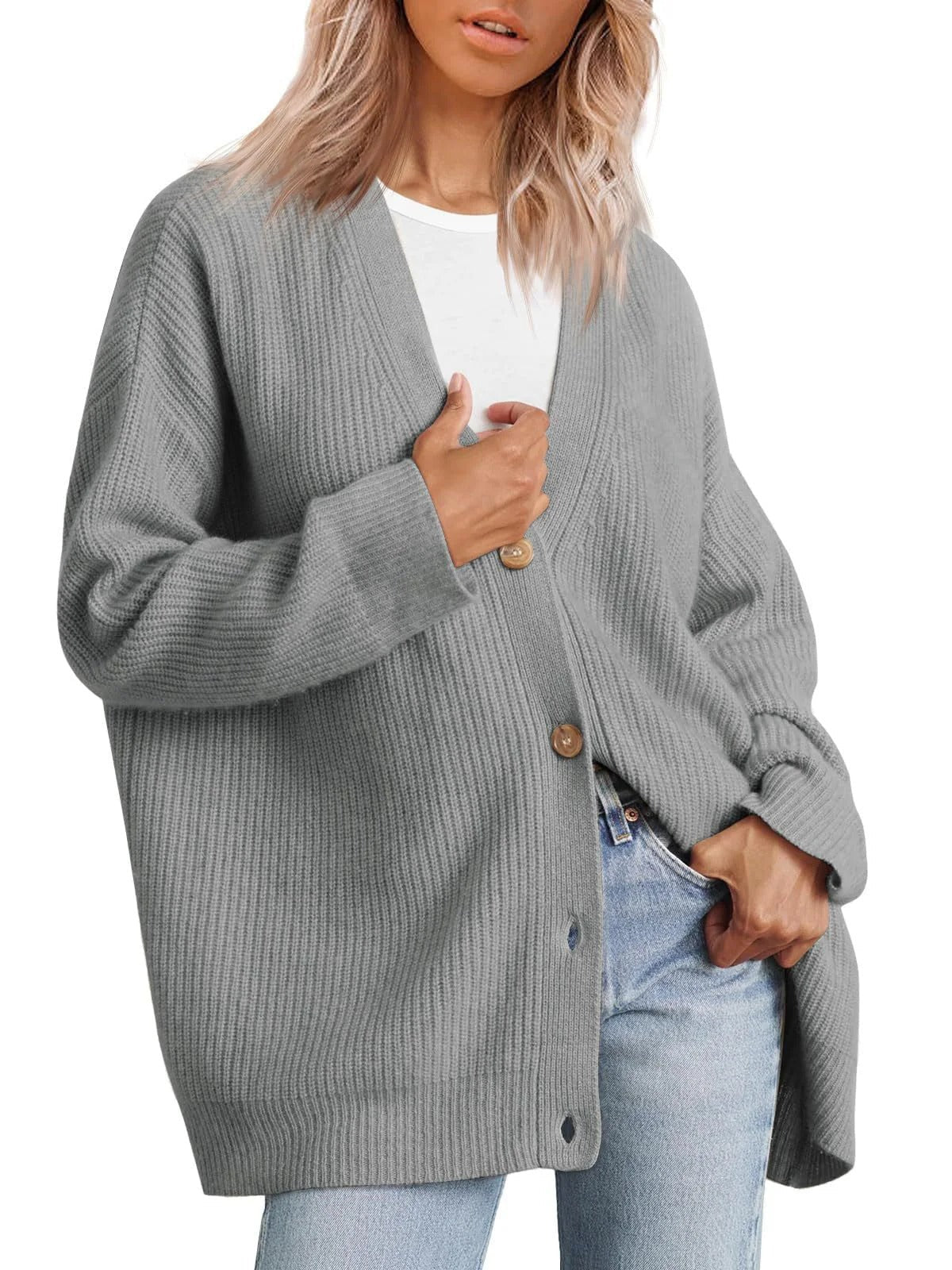 Damen Cardigan – Oversized Schnitt – Strick mit Rippen – V-Ausschnitt – Knopfleiste