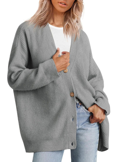 Damen Cardigan – Oversized Schnitt – Strick mit Rippen – V-Ausschnitt – Knopfleiste