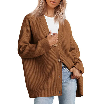 Damen Cardigan – Oversized Schnitt – Strick mit Rippen – V-Ausschnitt – Knopfleiste