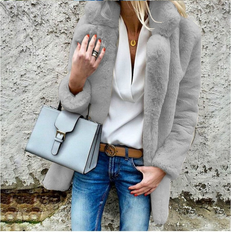 Damen Mantel – Kunstfell – Oversized Schnitt – Umlegekragen – Lang geschnitten