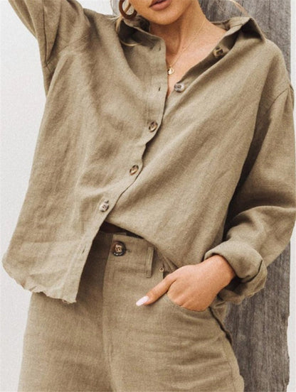 Damen Bluse – Lockerer Schnitt – Leichtes Cotton-Linnen – Langarm – Knopfleiste