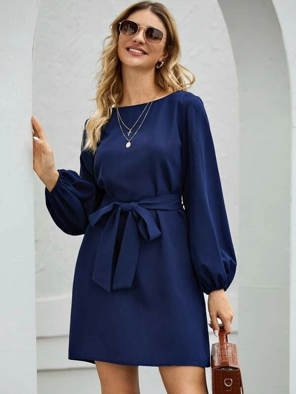 Damen Midikleid – Schlanke Passform – Puffärmel – Gürtel – Business Casual