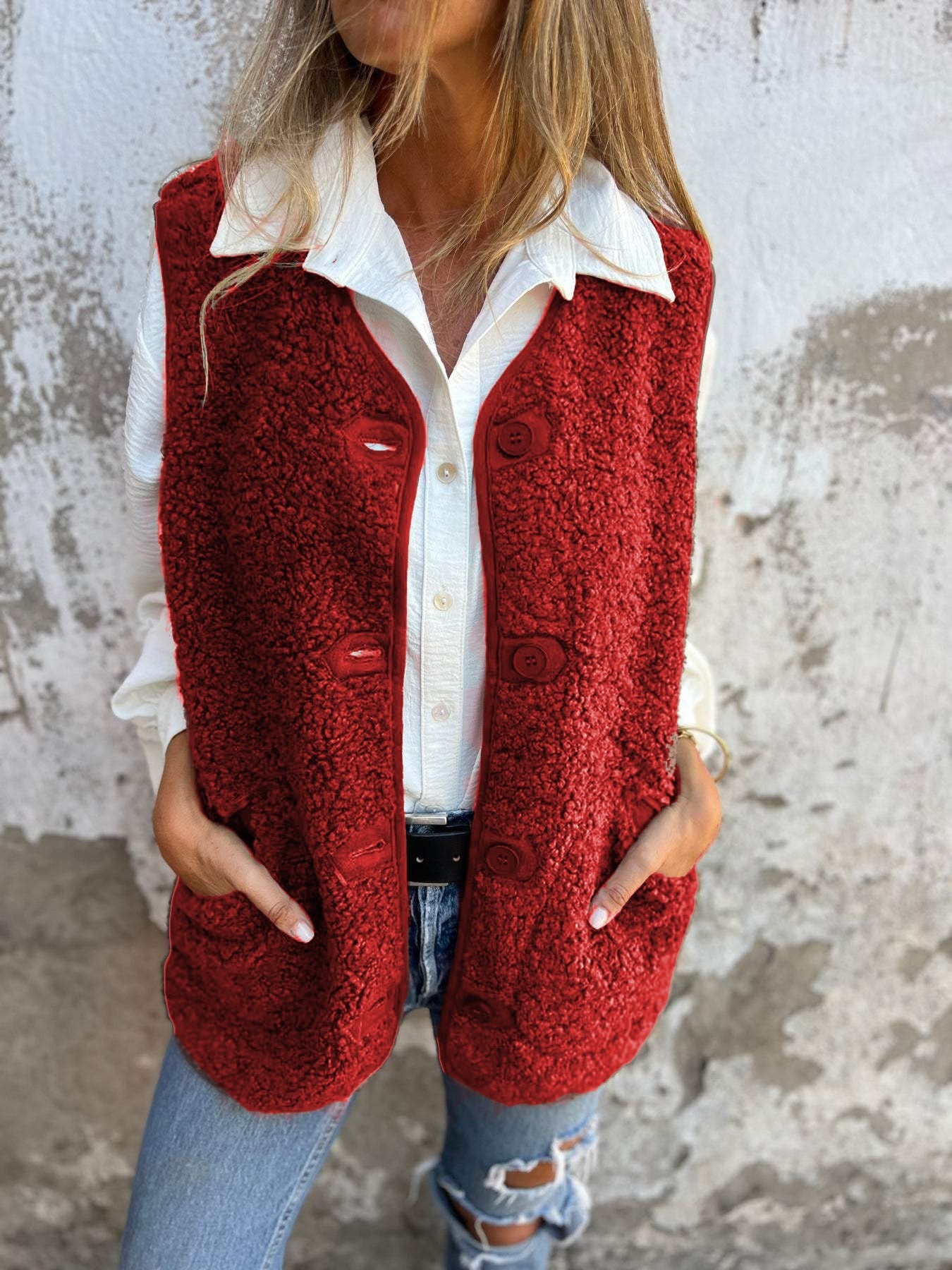 Damen Weste – Shearling-Fleece – Relaxed Fit – Knopfverschluss – Weich und Kuschelig