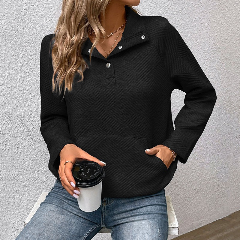 Damen Sweatshirt – Relaxed Fit – Gestepptes Muster – Stehkragen mit Knöpfen