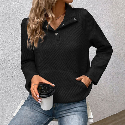 Damen Sweatshirt – Relaxed Fit – Gestepptes Muster – Stehkragen mit Knöpfen