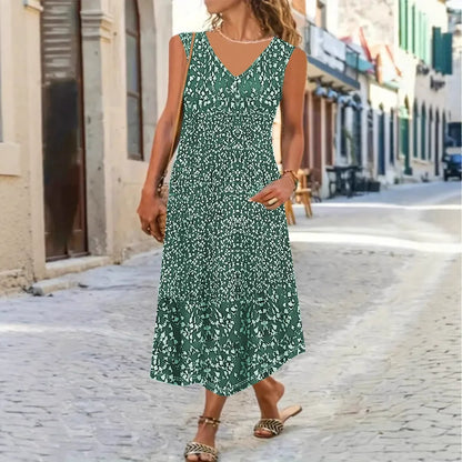 Damen Maxikleid – Lockerer Schnitt – V-Ausschnitt – Ärmellos – Blumenmuster – Leichtes Material