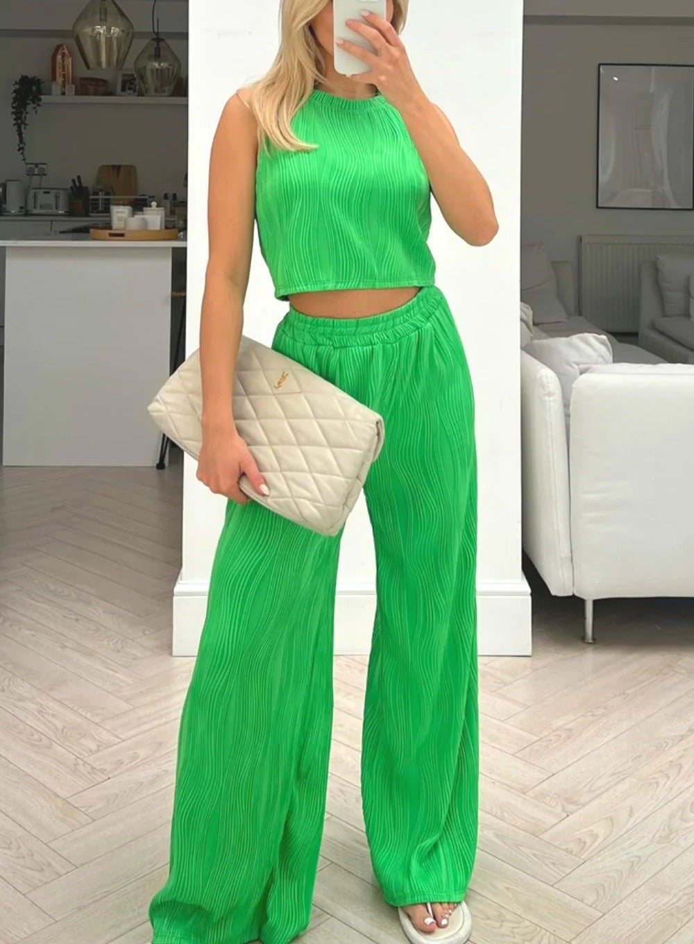 Damen Zweiteiler Set – Geripptes Crop Top ärmellos – Weite High-Waist Hose