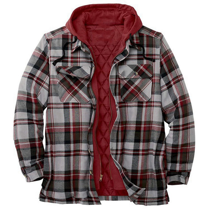 Herren Shirtjacke – Lockerer Schnitt – Flanell mit Steppfutter – Kapuze – Reißverschluss