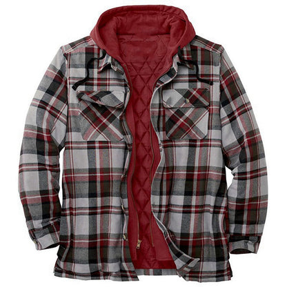 Herren Shirtjacke – Lockerer Schnitt – Flanell mit Steppfutter – Kapuze – Reißverschluss