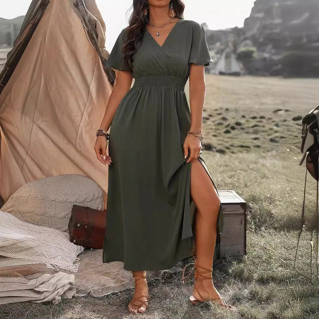 Damen Maxikleid – Schlanke Passform – V-Ausschnitt – Trompetenärmel – Schlitzsaum