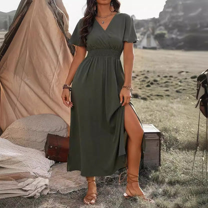 Damen Maxikleid – Schlanke Passform – V-Ausschnitt – Trompetenärmel – Schlitzsaum