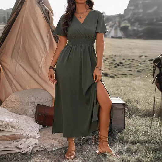Damen Maxikleid – Schlanke Passform – V-Ausschnitt – Trompetenärmel – Schlitzsaum