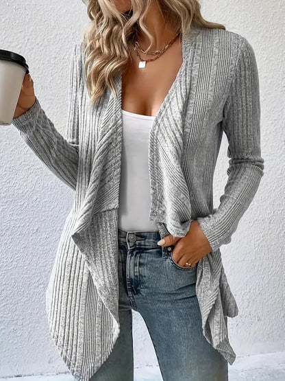 Damen Strickmantel – Wollmix – Lockerer Schnitt – Gerippt – Offene Front Drapiert