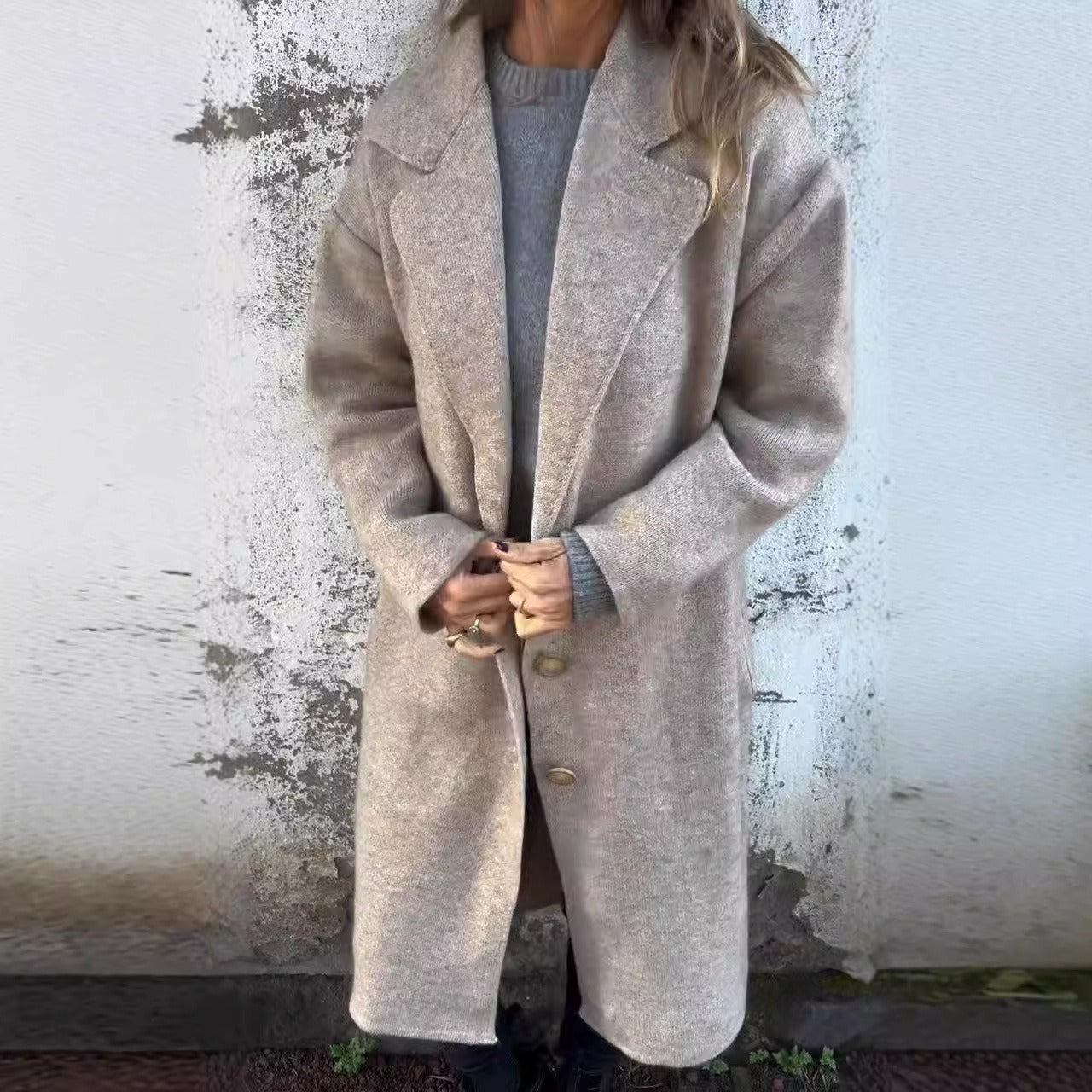 Damen Wollmantel – Oversize Passform – Reverskragen – Knopfverschluss – Midilänge
