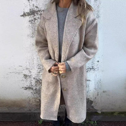 Damen Wollmantel – Oversize Passform – Reverskragen – Knopfverschluss – Midilänge